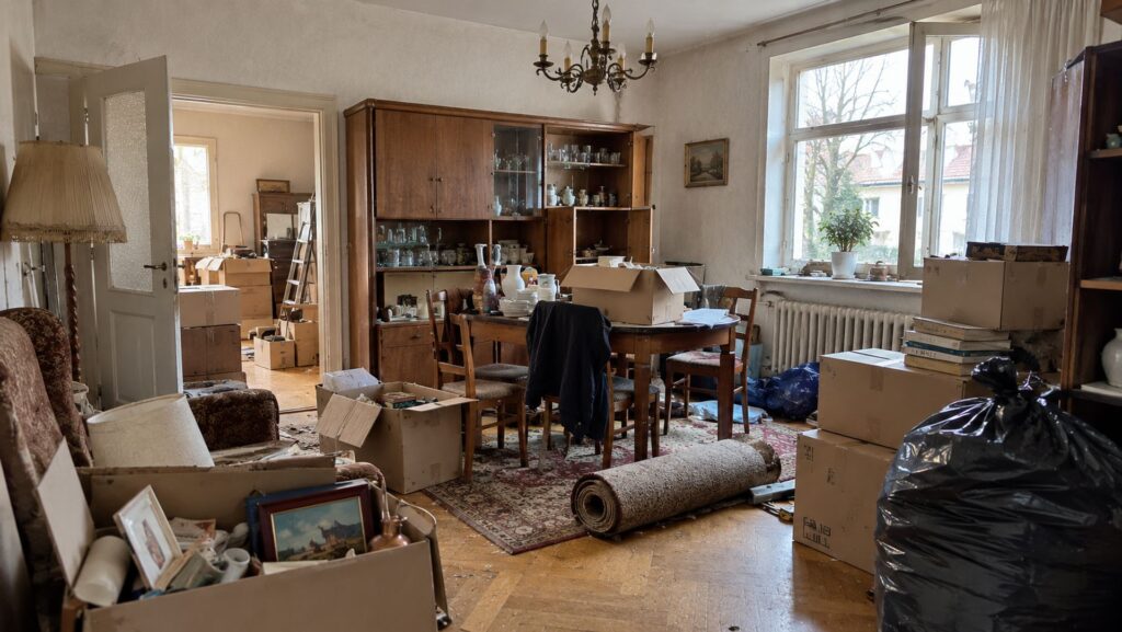 Lange bewohnte Wohnung mit Buffetschrank, Kartons und Hausrat vor der Räumung